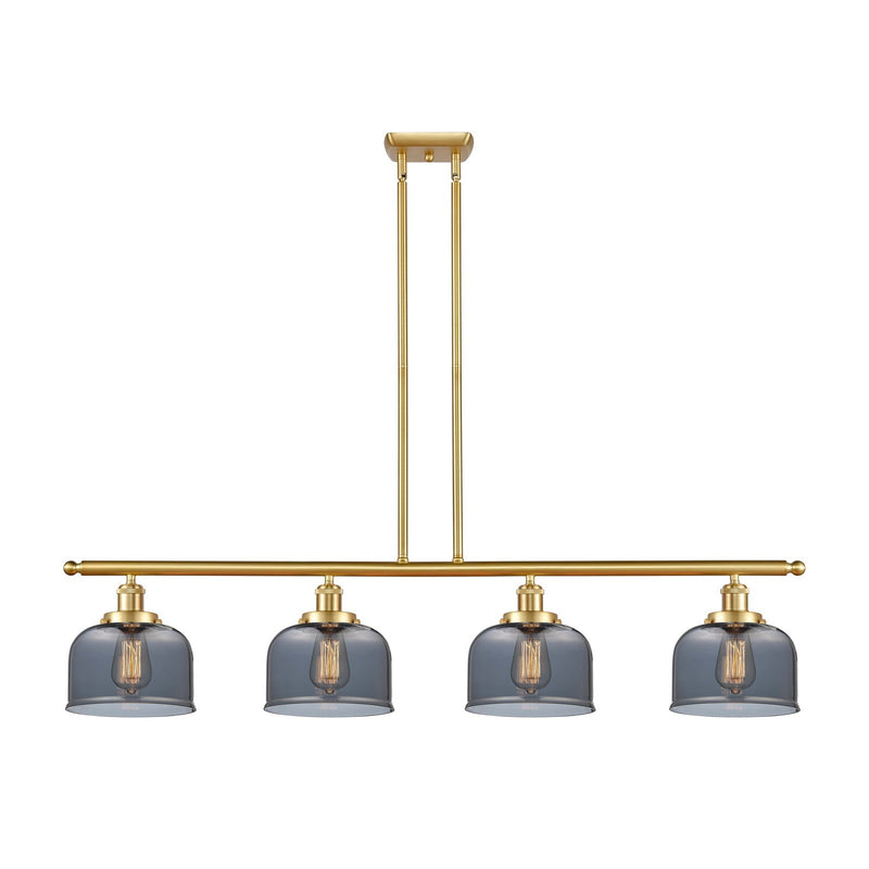 Innovations Bell 48in 4-Light Island Light | Industrial Satin Gold Steel and Light Smoke Glass | Kitchen Island & Dining Room | Model 916-4I-SG-G73