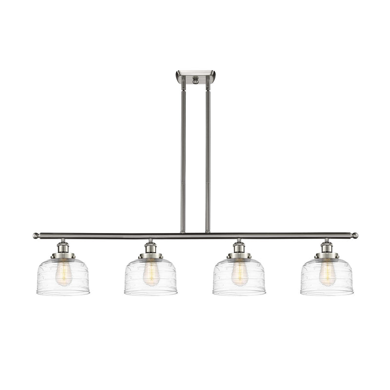 Innovations Bell 48in 4-Light Island Light | Industrial Brushed Satin Nickel and Clear Deco Swirl Glass | Kitchen Island & Dining | Model 916-4I-SN-G713