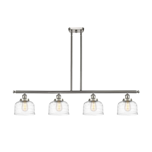 Innovations Bell 48in 4-Light Island Light | Industrial Brushed Satin Nickel and Clear Deco Swirl Glass | Kitchen Island & Dining | Model 916-4I-SN-G713