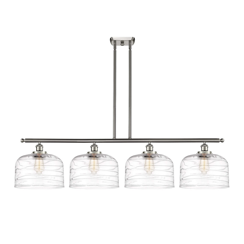 Innovations Bell 48in 4-Light Island Light | Industrial Brushed Satin Nickel and Clear Deco Swirl Glass | Kitchen Island & | Model 916-4I-SN-G713-L-LED