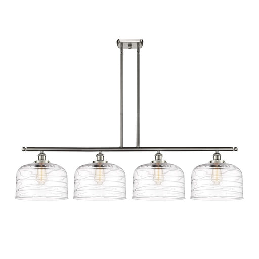 Innovations Bell 48in 4-Light Island Light | Industrial Brushed Satin Nickel and Clear Deco Swirl Glass | Kitchen Island & | Model 916-4I-SN-G713-L-LED