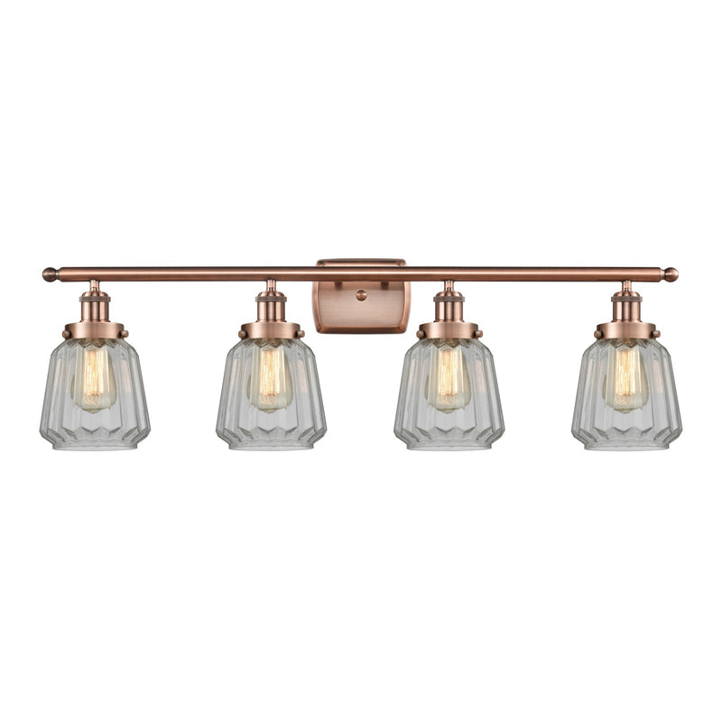 Innovations Chatham 37in 4-Light Bath Vanity Light | Modern Transitional Antique Copper Steel and Clear Ribbed Glass | Bathroom & | Model 916-4W-AC-G142