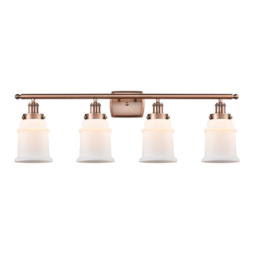 Innovations Canton 36in 4-Light Bath Vanity Light | Modern Contempo Antique Copper Steel and Matte White Frosted Glass | Bathroom | Model 916-4W-AC-G181