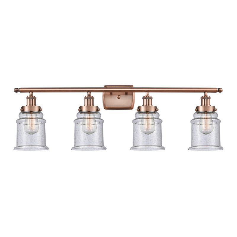 Innovations Canton 36in 4-Light Bath Vanity Light | Modern Contempo Antique Copper Steel and Seedy Glass Schoolhouse Shades | Model 916-4W-AC-G184