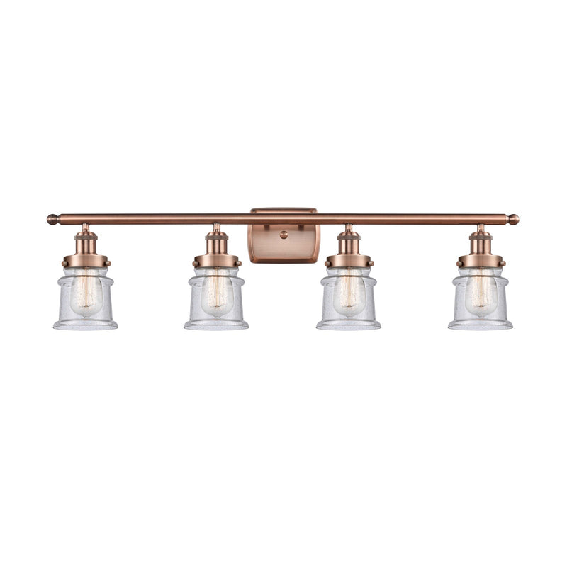 Innovations Canton 35.25in 4-Light Bath Vanity Light | Modern Contempo Antique Copper Steel and Seedy Glass Schoolhouse Shades | Model 916-4W-AC-G184S
