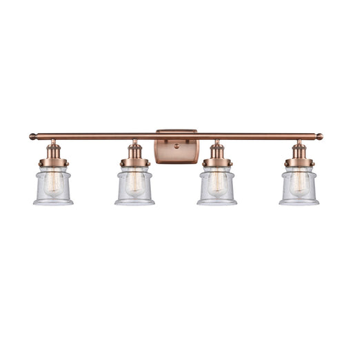 Innovations Canton 35.25in 4-Light Bath Vanity Light | Modern Contempo Antique Copper Steel and Seedy Glass Schoolhouse Shades | Model 916-4W-AC-G184S