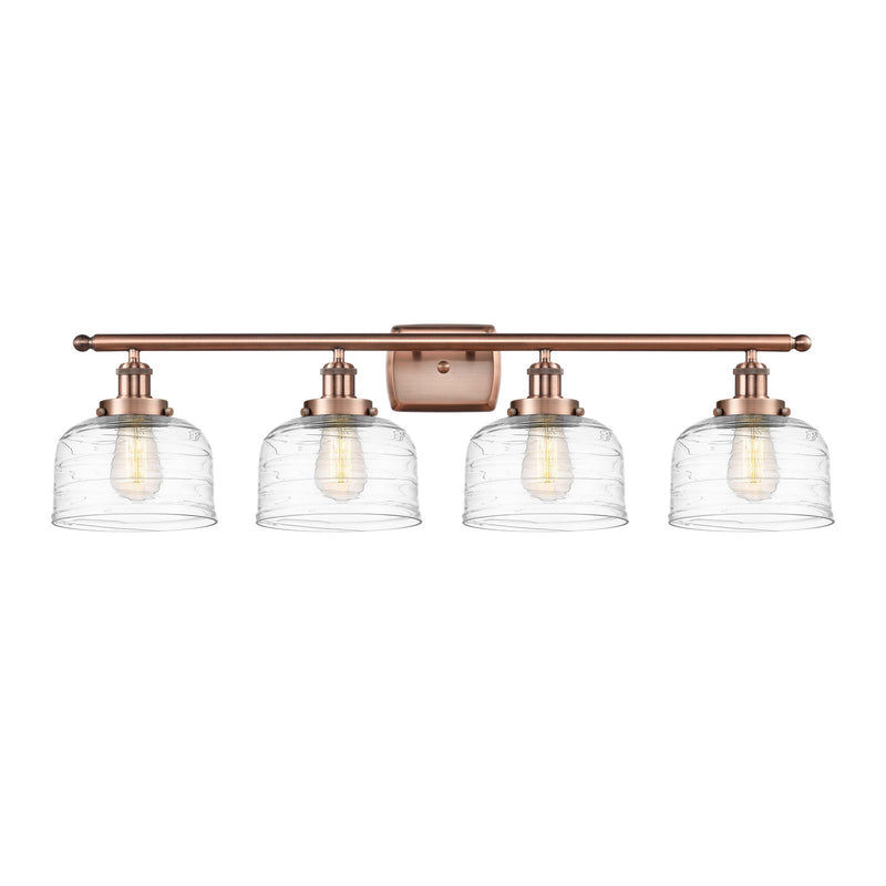 Innovations Bell 38in 4-Light Bath Vanity Light | Industrial Antique Copper Steel and Clear Deco Swirl Glass | Kitchen & | Model 916-4W-AC-G713-LED