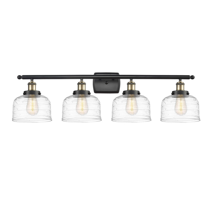 Innovations Bell 38in 4-Light Bath Vanity | Industrial Black Antique Brass and Clear Deco Swirl Glass | Bathroom Vanity & Powder | Model 916-4W-BAB-G713