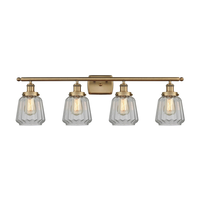 Innovations Chatham 37in 4-Light Bath Vanity Light | Modern Transitional Brushed Brass and Clear Ribbed Glass Shade | Bathroom | Model 916-4W-BB-G142