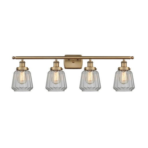 Innovations Chatham 37in 4-Light Bath Vanity Light | Modern Transitional Brushed Brass and Clear Ribbed Glass Shade | Bathroom | Model 916-4W-BB-G142