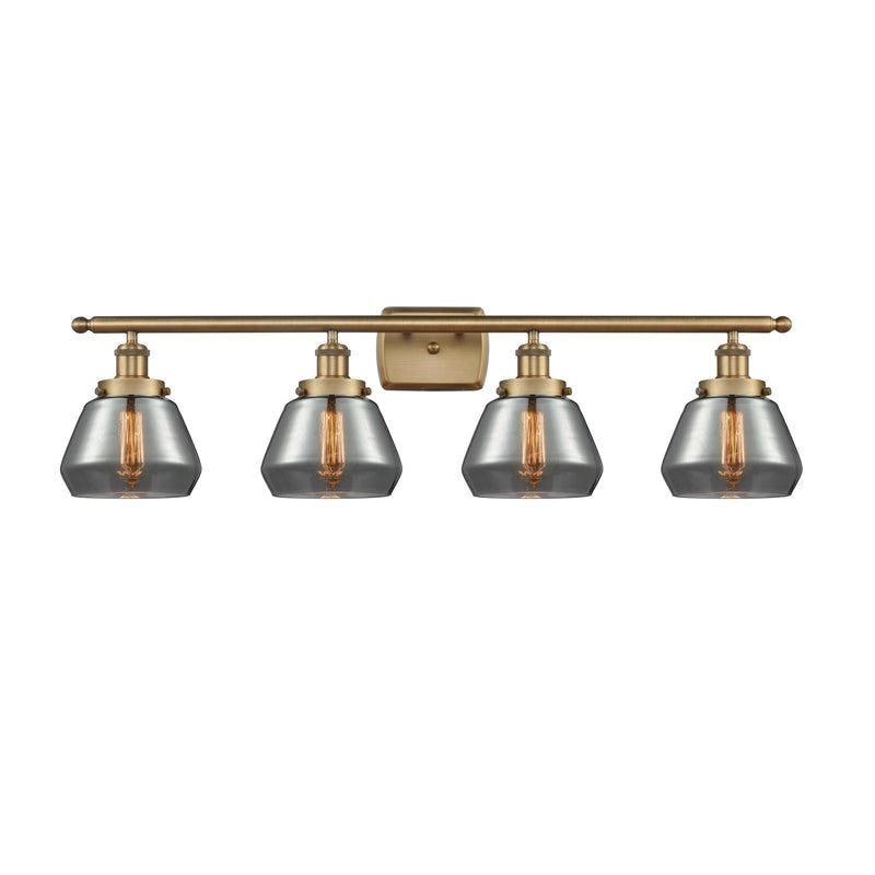Innovations Fulton 37in 4-Light Bath Vanity Light | Brushed Brass Steel and Smoked Glass Schoolhouse Shade | Bathroom Vanity & | Model 916-4W-BB-G173