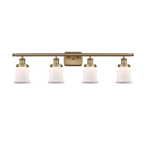 Innovations Canton 35.25in 4-Light Bath Vanity Light | Brushed Brass Steel and Matte White Frosted Glass Bell Shade | Bathroom | Model 916-4W-BB-G181S