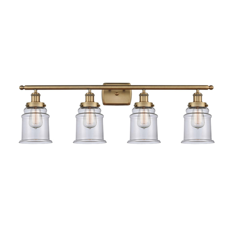 Innovations Canton 36in 4-Light Bath Vanity Light | Modern Transitional Brushed Brass and Clear Glass Schoolhouse Shade | Damp | Model 916-4W-BB-G182