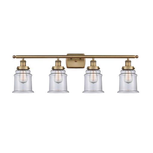Innovations Canton 36in 4-Light Bath Vanity Light | Modern Transitional Brushed Brass and Clear Glass Schoolhouse Shade | Damp | Model 916-4W-BB-G182