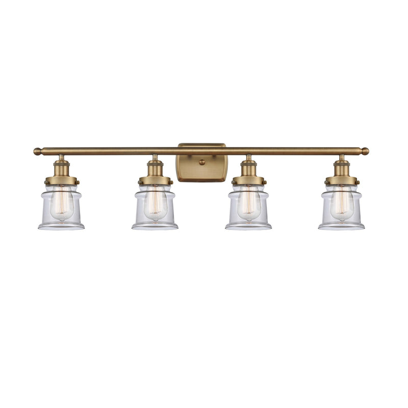 Innovations Canton 35.25in 4-Light Bath Vanity Light | Modern Transitional Brushed Brass and Clear Glass Schoolhouse Shade | Damp | Model 916-4W-BB-G182S
