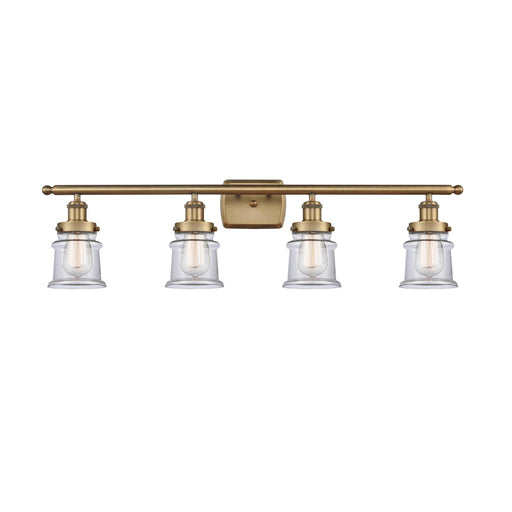 Innovations Canton 35.25in 4-Light Bath Vanity Light | Modern Transitional Brushed Brass and Clear Glass Schoolhouse Shade | Damp | Model 916-4W-BB-G182S