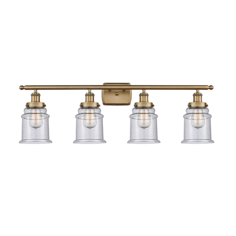 Innovations Canton 36in 4-Light Bath Vanity Light | Modern Transitional Brushed Brass and Seedy Glass Schoolhouse Shade | Damp | Model 916-4W-BB-G184