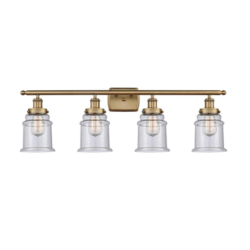 Innovations Canton 36in 4-Light Bath Vanity Light | Modern Transitional Brushed Brass and Seedy Glass Schoolhouse Shade | Damp | Model 916-4W-BB-G184