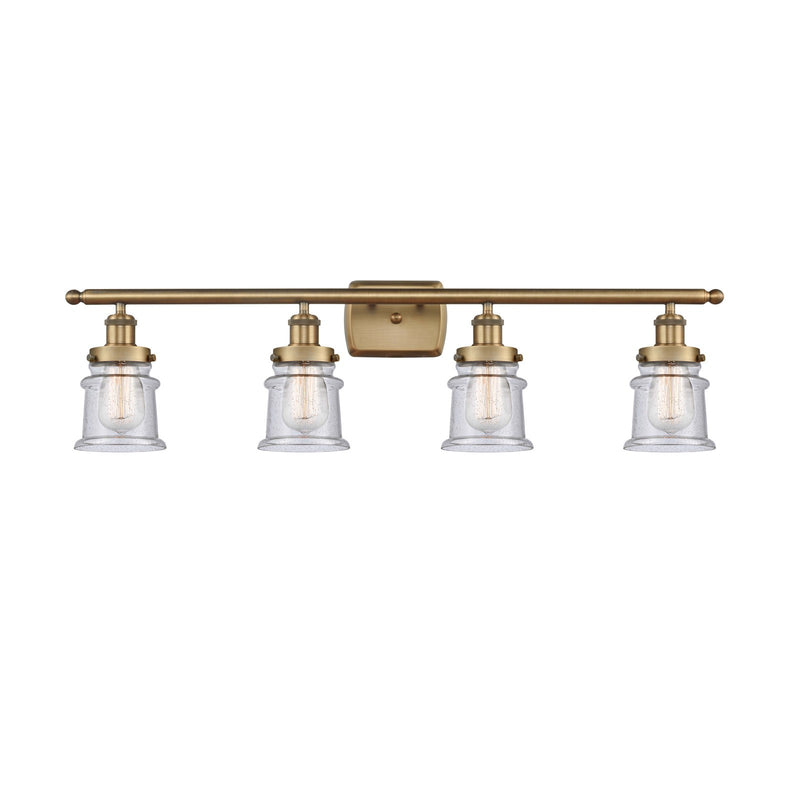 Innovations Canton 35.25in 4-Light Bath Vanity Light | Modern Transitional Brushed Brass and Seedy Glass Schoolhouse Shade | Damp | Model 916-4W-BB-G184S