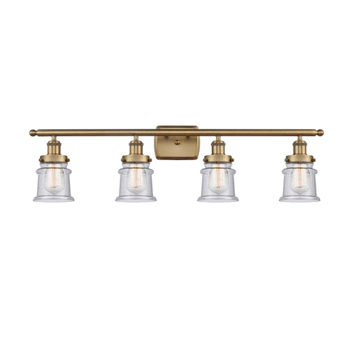 Innovations Canton 35.25in 4-Light Bath Vanity Light | Modern Transitional Brushed Brass and Seedy Glass Schoolhouse Shade | Damp | Model 916-4W-BB-G184S