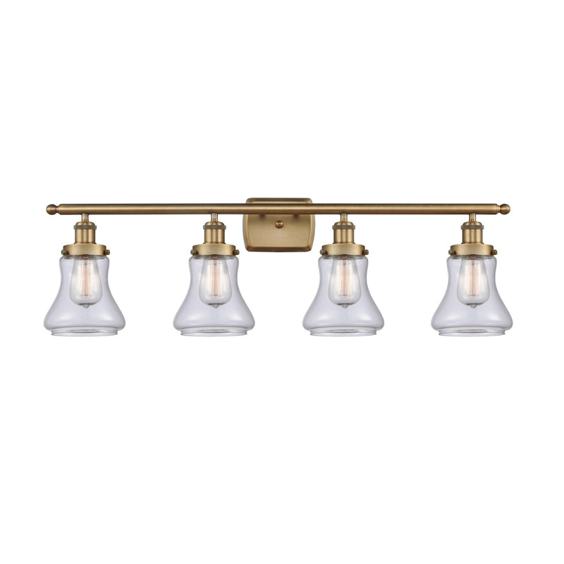 Innovations Bellmont 36in 4-Light Bath Vanity Light | Modern Contempo Brushed Brass Steel and Clear Glass Schoolhouse Shade | Damp | Model 916-4W-BB-G192