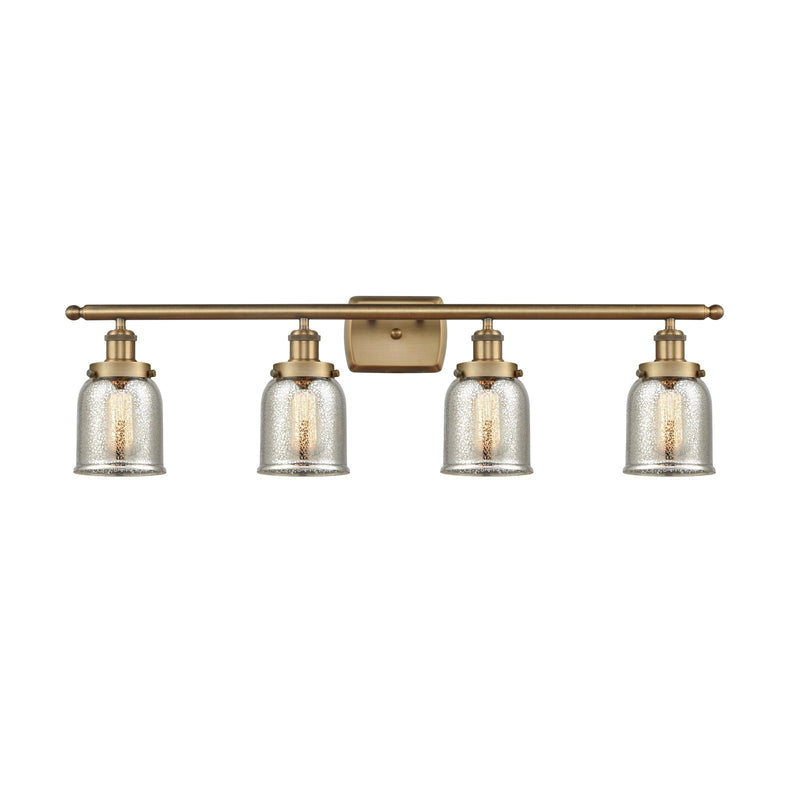 Innovations Bell 36in 4-Light Bath Vanity Light | Industrial Brushed Brass Steel and Silver Plated Mercury Glass Bell Shade | Damp | Model 916-4W-BB-G58