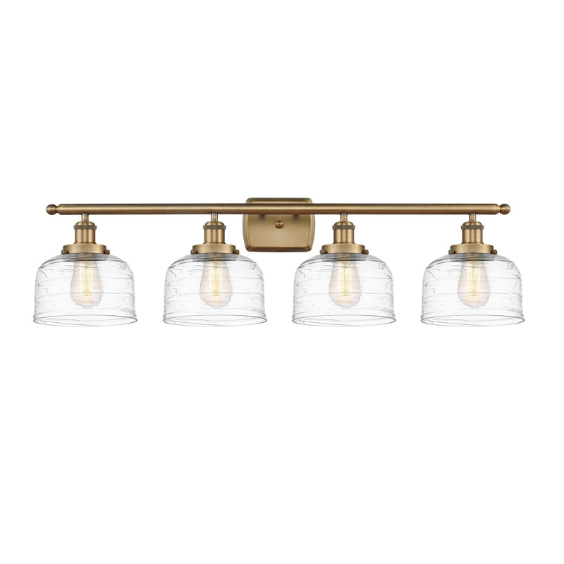 Innovations Bell 38in 4-Light Bath Vanity Light | Industrial Brushed Brass Steel and Clear Deco Swirl Glass | Bathroom Vanity | Model 916-4W-BB-G713-LED