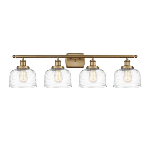 Innovations Bell 38in 4-Light Bath Vanity Light | Industrial Brushed Brass Steel and Clear Deco Swirl Glass | Bathroom Vanity | Model 916-4W-BB-G713-LED
