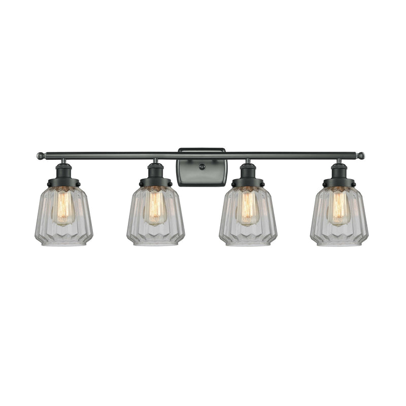 Innovations Chatham 37in 4-Light Bath Vanity | Modern Transitional Matte Black and Clear Ribbed Glass | Bathroom Vanity | Model 916-4W-BK-G142