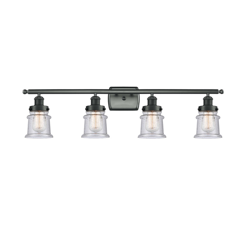 Innovations Canton 36in 4-Light Bath Vanity Light | Modern Contempo Matte Black Steel and Seedy Glass Schoolhouse Shade | Bathroom | Model 916-4W-BK-G184S