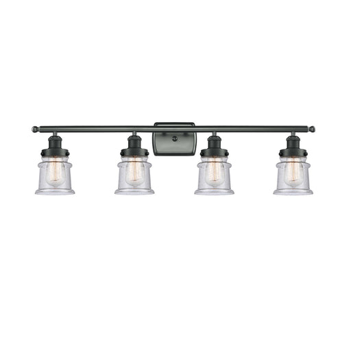 Innovations Canton 36in 4-Light Bath Vanity Light | Modern Contempo Matte Black Steel and Seedy Glass Schoolhouse Shade | Bathroom | Model 916-4W-BK-G184S