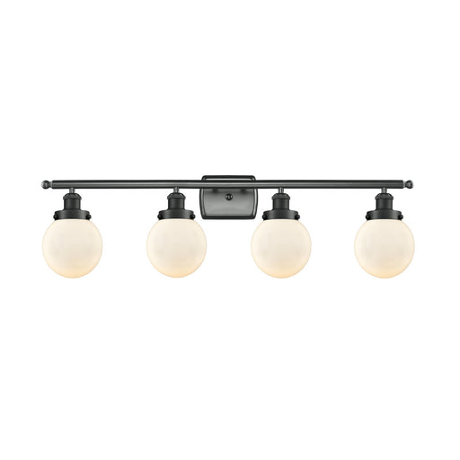 Innovations Beacon 36in 4-Light Bath Vanity Light | Modern Contempo Matte Black Steel and Matte White Frosted Glass Globe Shade | Model 916-4W-BK-G201-6