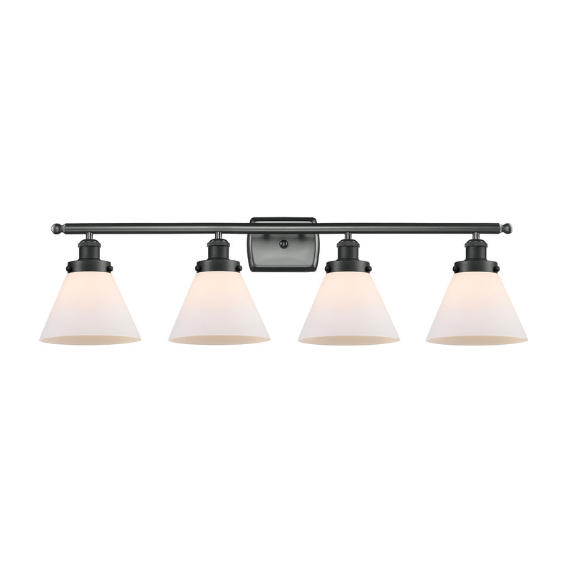 Innovations Cone 38in 4-Light Bath Vanity Light with LED | Industrial Modern Matte Black Steel and Frosted White Glass | Model 916-4W-BK-G41-LED