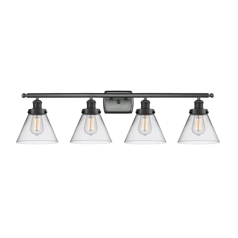 Innovations Cone 38in 4-Light Bath Vanity Light | Industrial Matte Black Steel and Clear Glass | Bathroom Vanity | Model 916-4W-BK-G42-LED