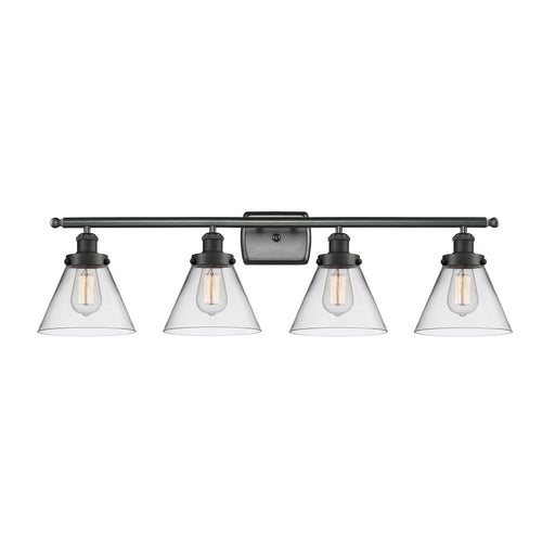 Innovations Cone 38in 4-Light Bath Vanity Light | Industrial Matte Black Steel and Clear Glass | Bathroom Vanity | Model 916-4W-BK-G42-LED