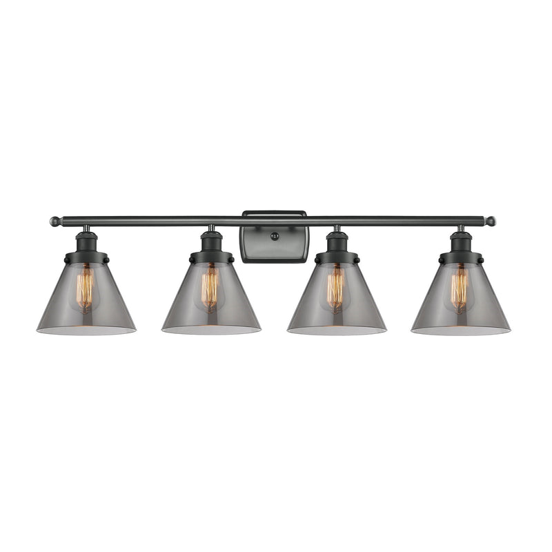 Innovations Cone 38in 4-Light Bath Vanity Light | Industrial Matte Black Steel and Light Smoke Glass | Bathroom Vanity | Model 916-4W-BK-G43