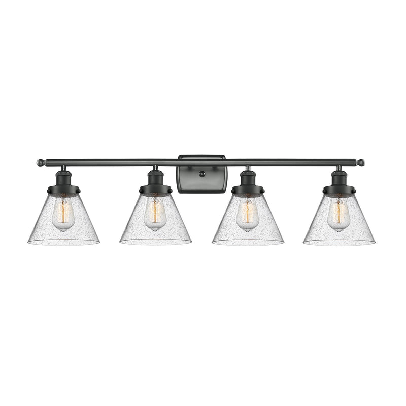 Innovations Cone 38in 4-Light Bath Vanity Light | Industrial Matte Black Steel and Seedy Glass | Bathroom Vanity | Model 916-4W-BK-G44