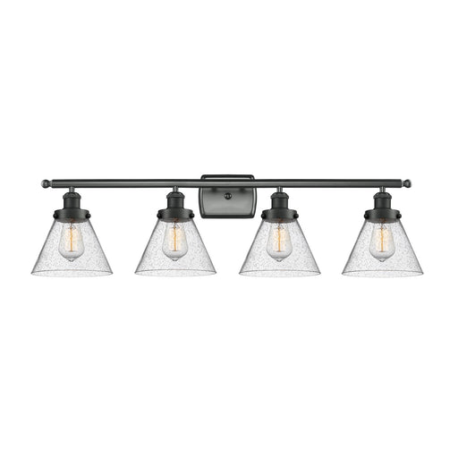 Innovations Cone 38in 4-Light Bath Vanity Light | Industrial Matte Black Steel and Seedy Glass | Kitchen & Bathroom | Model 916-4W-BK-G44-LED