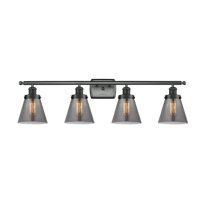 Innovations Cone 36in 4-Light Bath Vanity Light | Industrial Matte Black Steel and Light Smoke Glass | Bathroom Vanity | Model 916-4W-BK-G63
