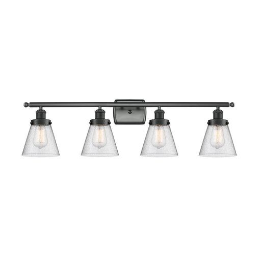 Innovations Cone 36in 4-Light Bath Vanity Light | Industrial Matte Black Steel and Seedy Glass | Bathroom Vanity | 36 x 11 x 8 in | Model 916-4W-BK-G64-LED