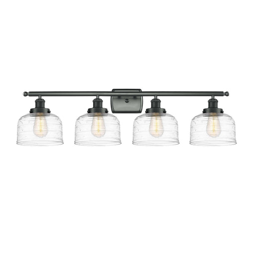 Innovations Bell 38in 4-Light Bath Vanity Light | Industrial Matte Black Steel and Clear Deco Swirl Glass | Bathroom Vanity | Model 916-4W-BK-G713