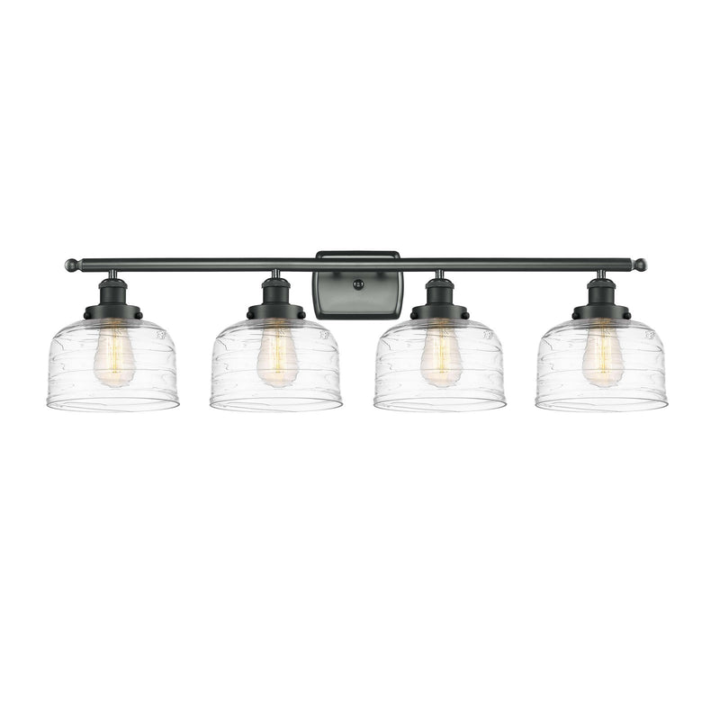 Innovations Bell 38in 4-Light Bath Vanity Light | Industrial Matte Black Steel and Clear Deco Swirl Glass | Bathroom Vanity | Model 916-4W-BK-G713-LED