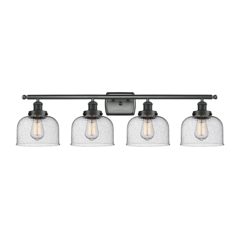 Innovations Bell 38in 4-Light Bath Vanity Light | Industrial Matte Black Steel and Seedy Glass | Bathroom Vanity | 38 x 11 in | Model 916-4W-BK-G74-LED
