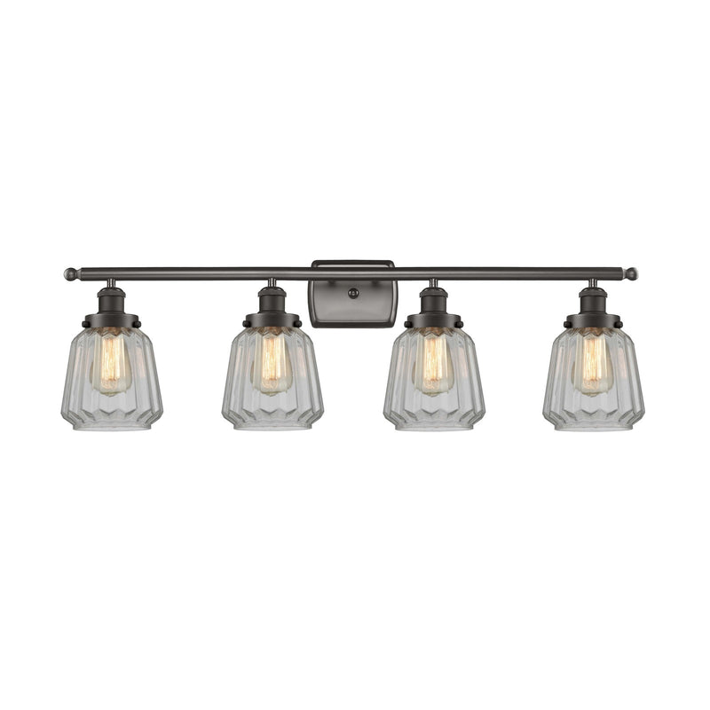 Innovations Chatham 37in 4-Light Bath Vanity Light | Modern Transitional Oil Rubbed Bronze Steel and Cast Brass with Clear Ribbed | Model 916-4W-OB-G142