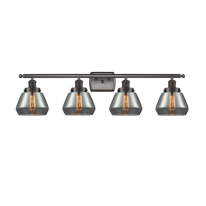 Innovations Fulton 37in 4-Light Bath Vanity Light | Oil Rubbed Bronze Steel and Light Smoke Glass Schoolhouse Shade | Bathroom | Model 916-4W-OB-G173