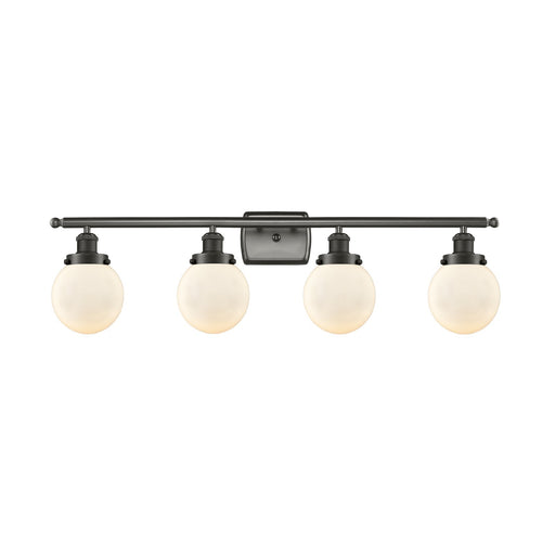 Innovations Beacon 36in 4-Light Bath Vanity | Oil Rubbed Bronze Steel and Matte White Frosted Glass Globe Shade | Bathroom | Model 916-4W-OB-G201-6-LED