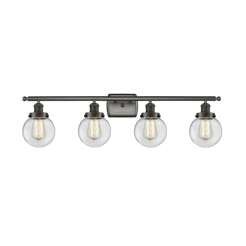 Innovations Beacon 36in 4-Light Bath Vanity | Oil Rubbed Bronze Steel and Clear Glass Globe Shade | Bathroom Vanity Light | Model 916-4W-OB-G202-6