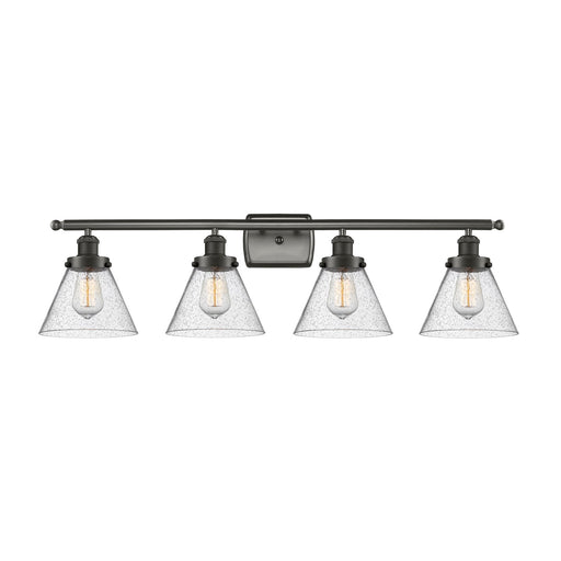 Innovations Cone 38in 4-Light Bath Vanity Light | Industrial Oil Rubbed Bronze Steel and Seedy Glass | Bathroom Vanity | Model 916-4W-OB-G44-LED