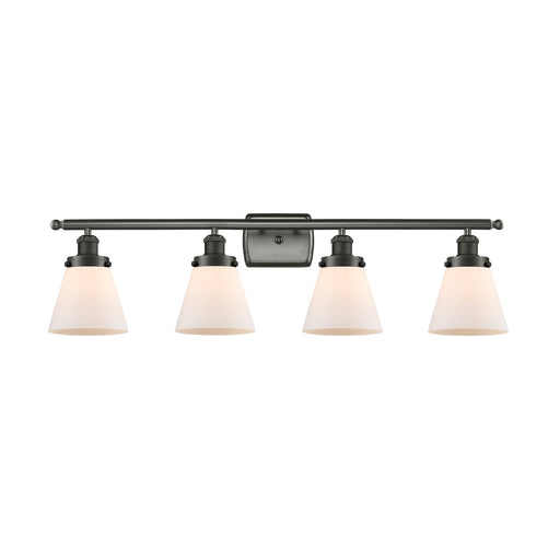 Innovations Cone 36in 4-Light Bath Vanity Light | Industrial Oil Rubbed Bronze Steel and Matte White Frosted Glass | Bathroom | Model 916-4W-OB-G61-LED