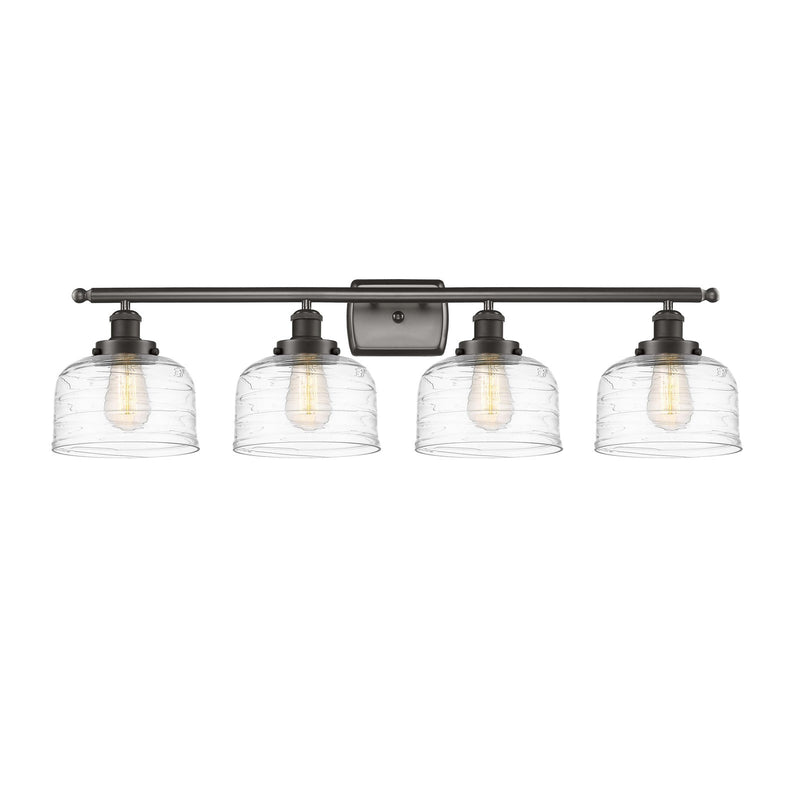 Innovations Bell 38in 4-Light Bath Vanity Light | Industrial Oil Rubbed Bronze Steel and Clear Deco Swirl Glass | Bathroom Vanity | Model 916-4W-OB-G713
